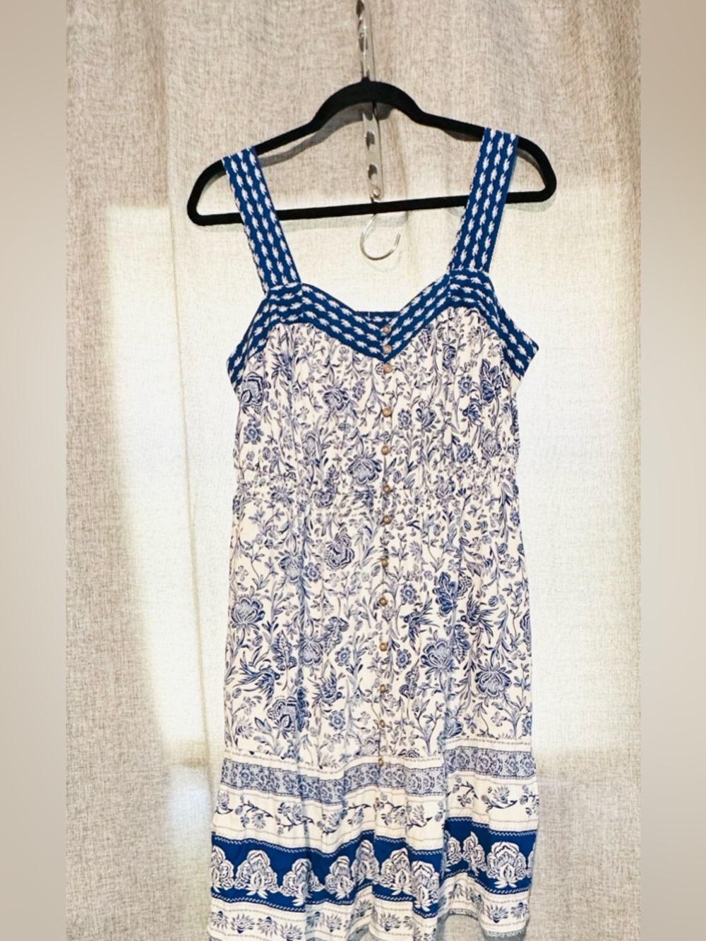 Know Rose Vintage Boho Festival Blue White Floral Inspired Sundress with Pockets